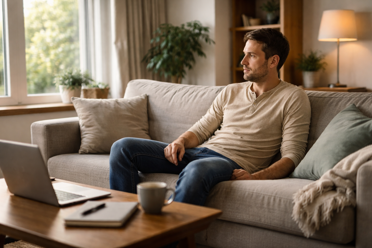 Adult sitting on a couch by a window with one leg angled outward and daylight coming through light curtains
