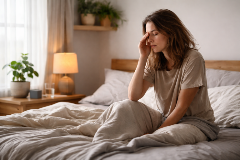 A person sits on the edge of an unmade bed as soft daylight comes through sheer curtains