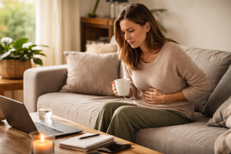 Person sitting on a sofa near a window with soft daylight coming through curtains