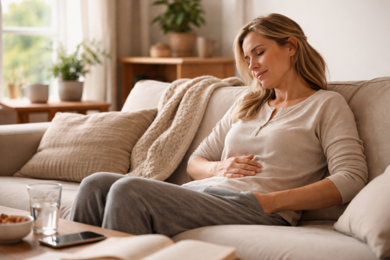 A person sitting on a sofa near a window with soft natural light entering the room