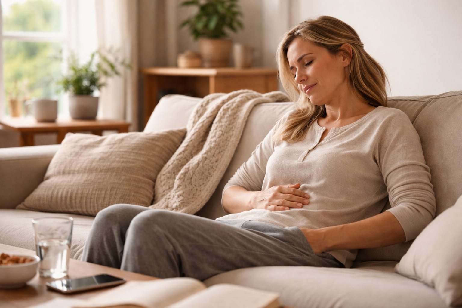 A person sitting on a sofa near a window with soft natural light entering the room