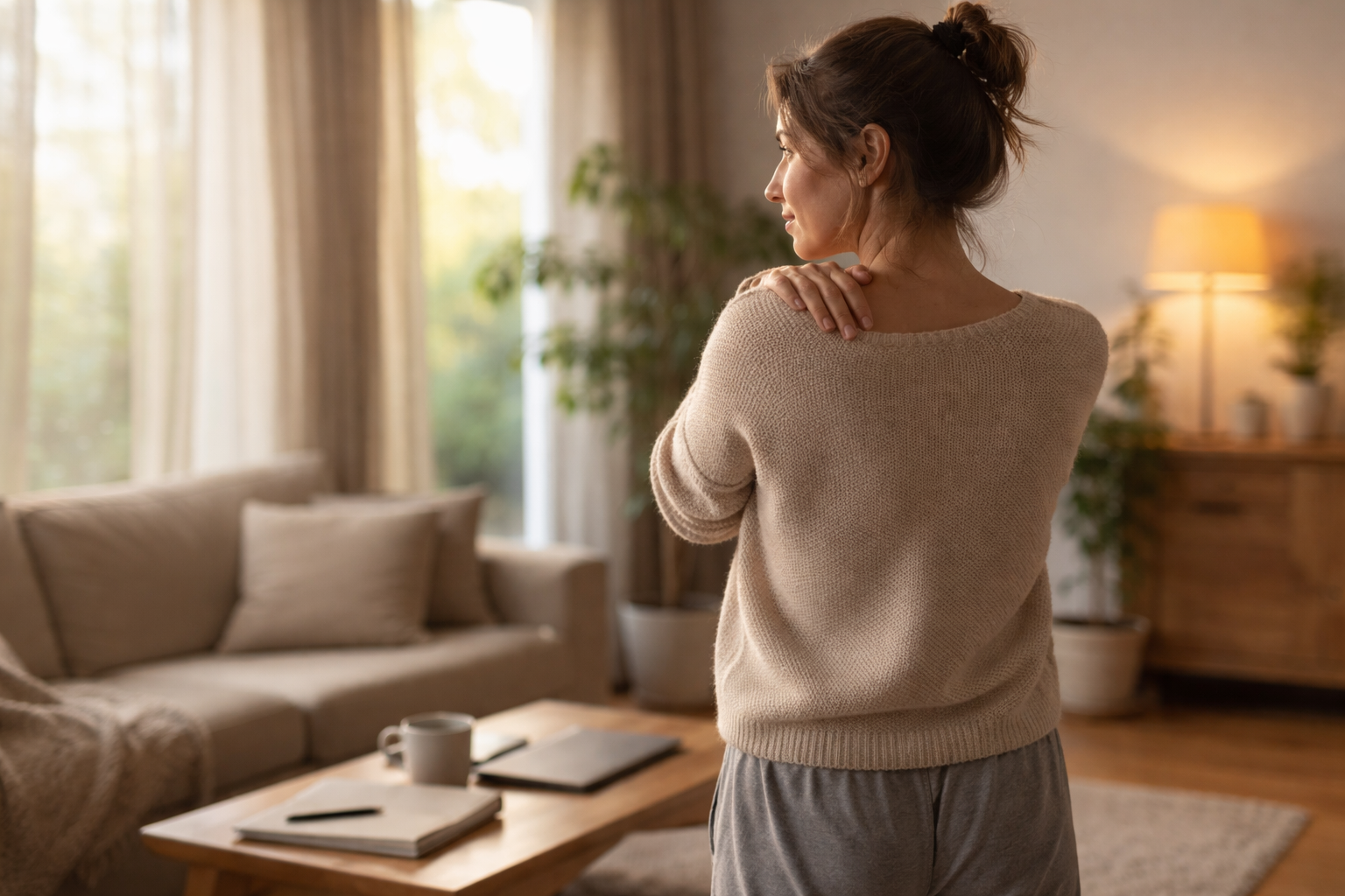 Soft daylight coming through a window into a quiet living room with a couch and coffee table