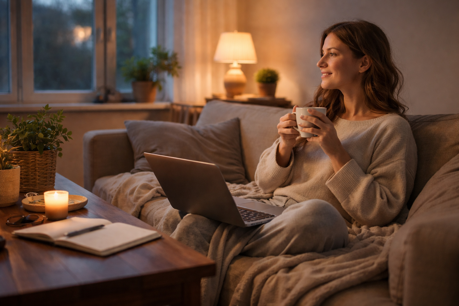 A softly lit living room with a couch, a floor lamp glowing, and dusk visible through the window