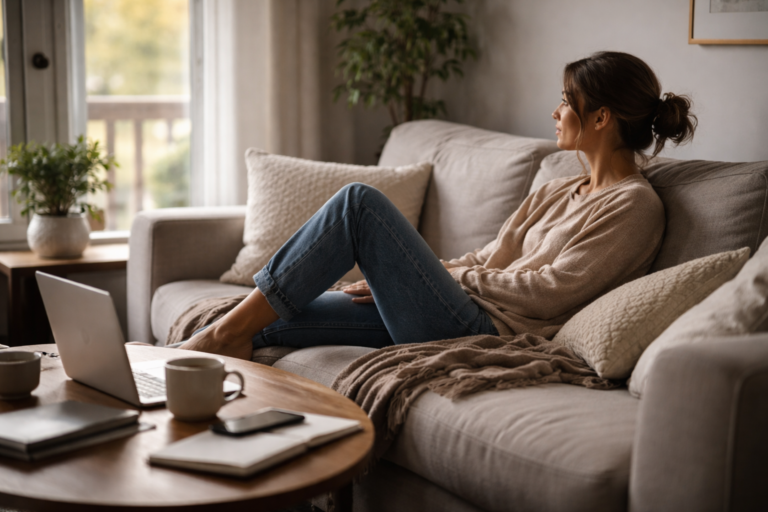 Soft daylight coming through a window onto a couch with a folded throw blanket and a coffee table nearby