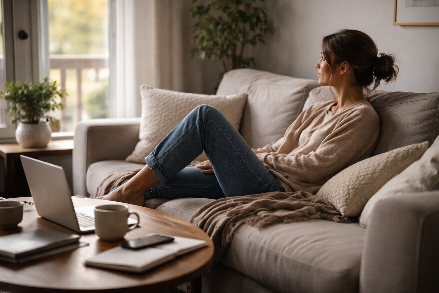 Soft daylight coming through a window onto a couch with a folded throw blanket and a coffee table nearby