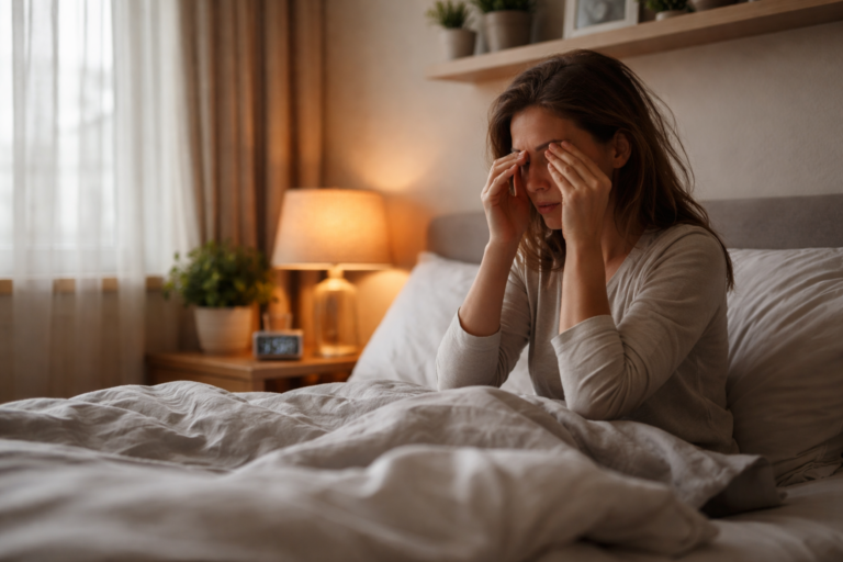 Unmade bed with wrinkled sheets lit by faint early morning light through curtains