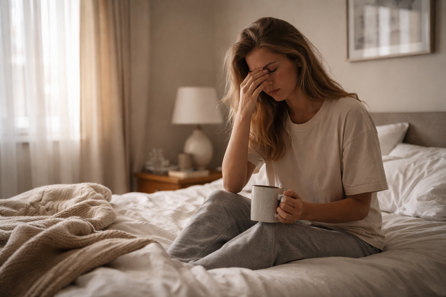 A slightly wrinkled blanket lies across the arm of a fabric couch