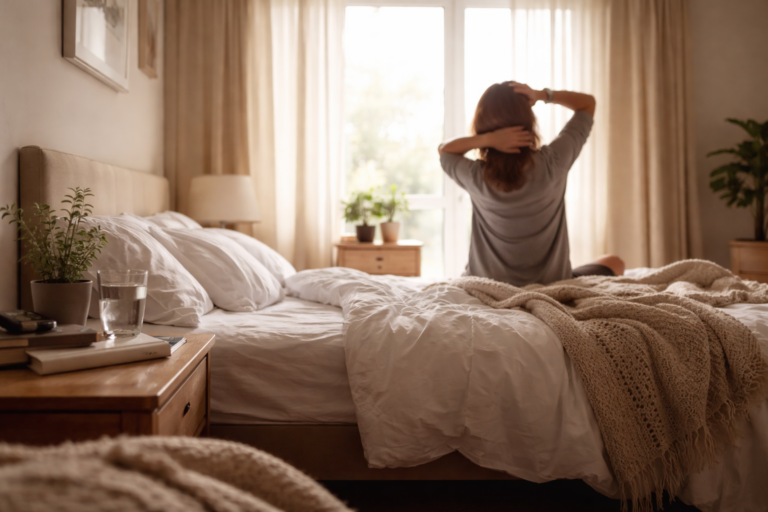 Morning light spilling across an unmade bed with soft white sheets and a slightly open window nearby