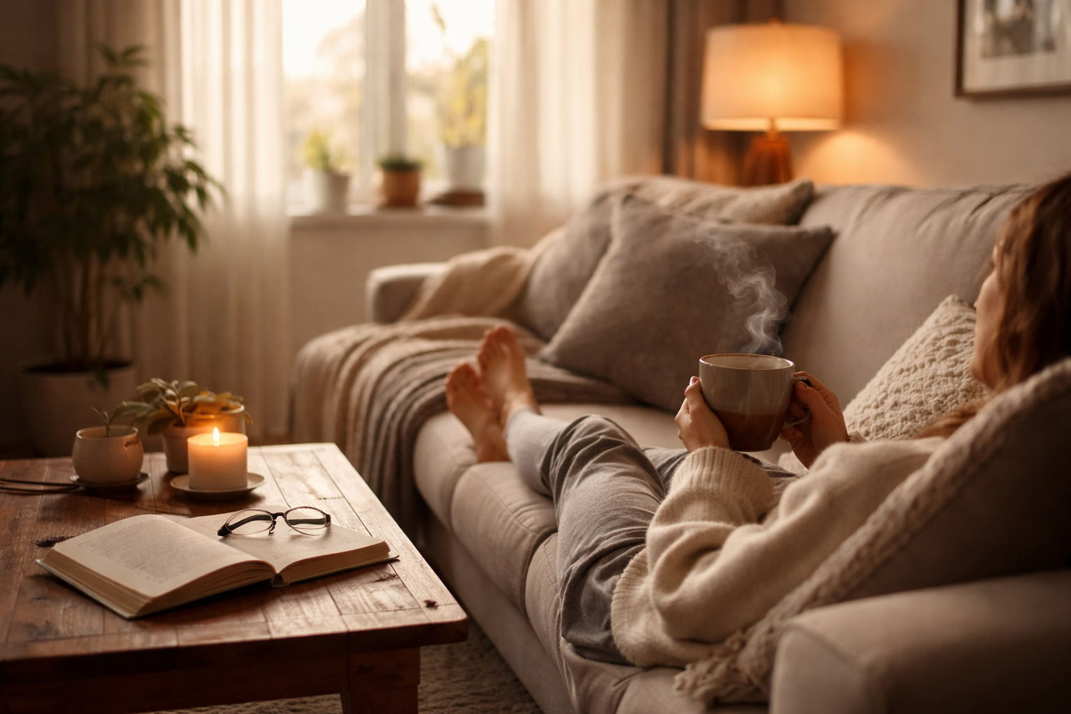 Soft morning light falling across a neutral sofa and wooden floor in a quiet living room