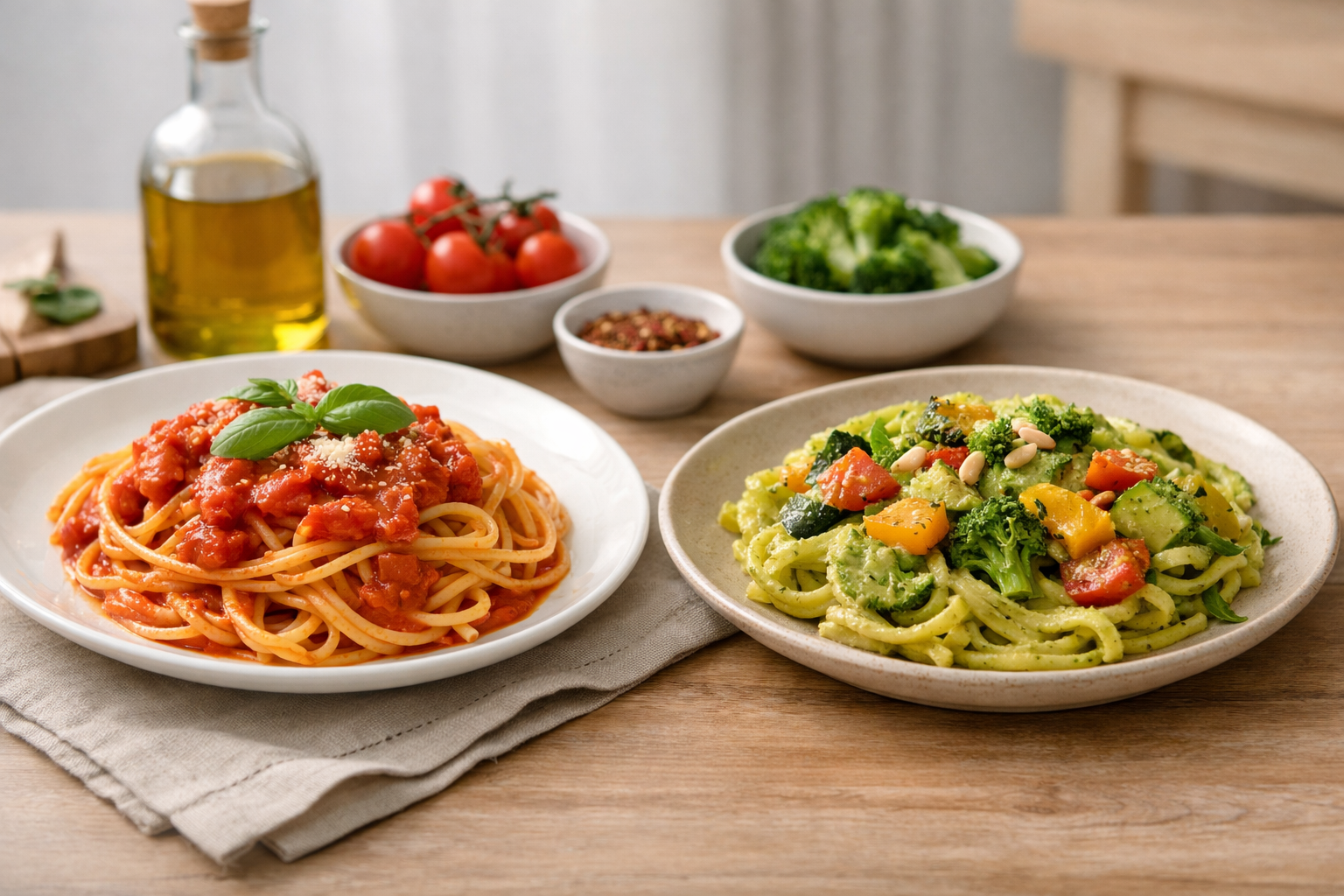 Tomato-based meal next to a gentle alternative sauce for everyday comfort