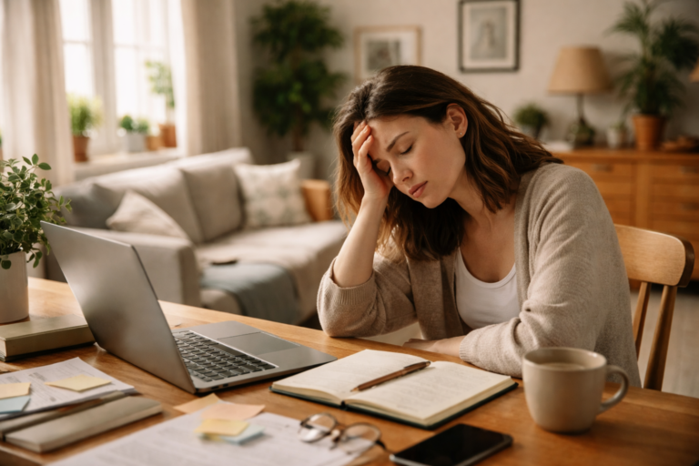 A woman leaning over a table covered with loose papers and envelopes