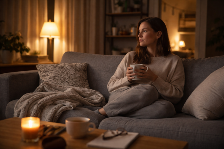 A person sitting on a sofa with soft lamp light glowing behind them in a dim room