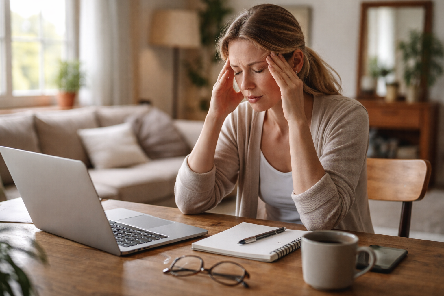 A woman sits at a wooden table with a laptop and notebook, her eyes closed and fingers resting on her temples