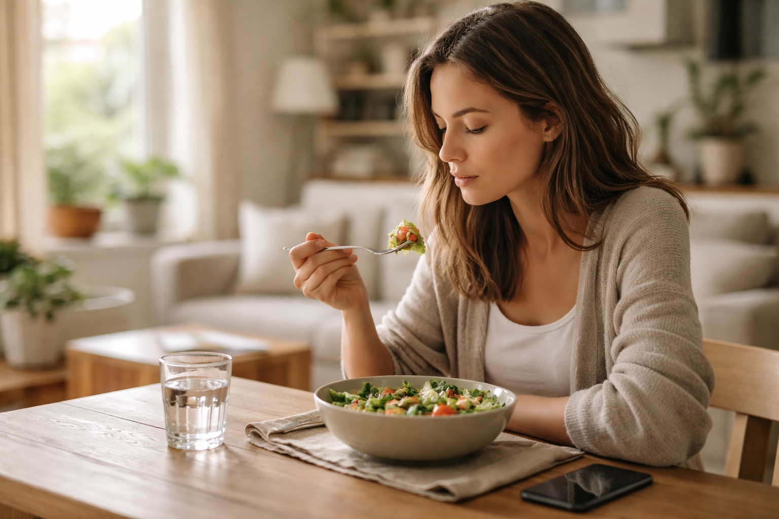 A woman sits at a wooden table holding a fork over a bowl of salad in a softly lit room