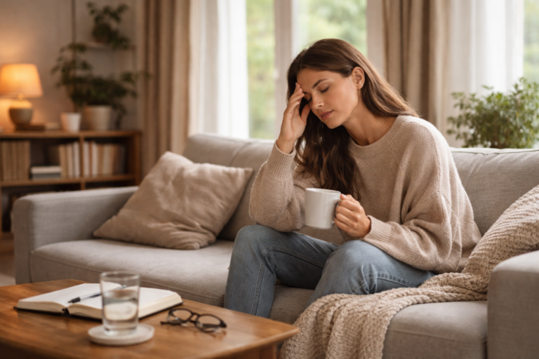 A woman sits on a light-colored sofa with a soft motion blur effect around her body in a cozy living room