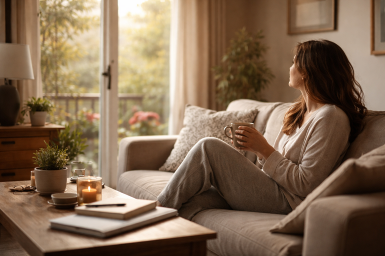 A woman sits curled on a beige sofa holding a mug while looking toward a bright window