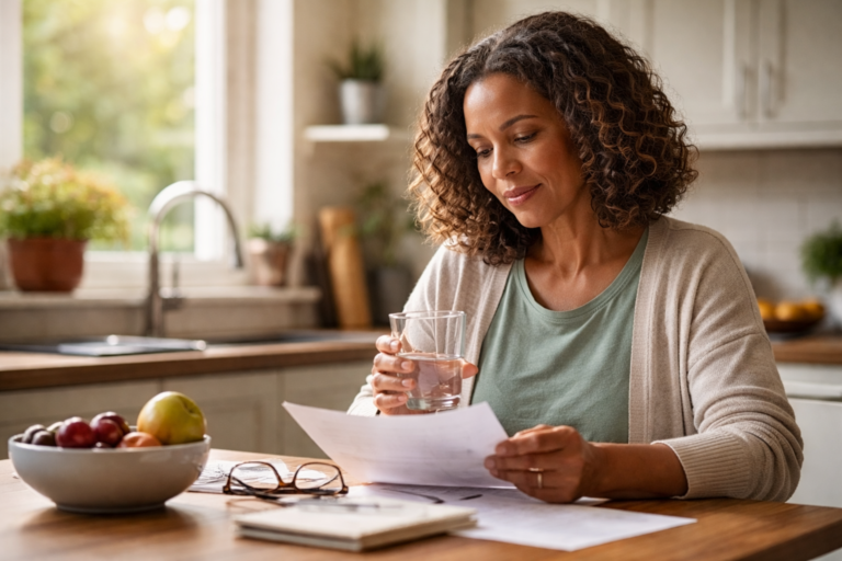 Soft sunlight comes through a window as a woman looks down at papers on the table