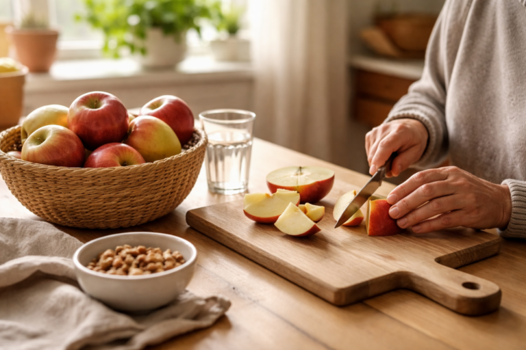 A woven basket filled with red and yellow apples sitting on a wooden table near a window