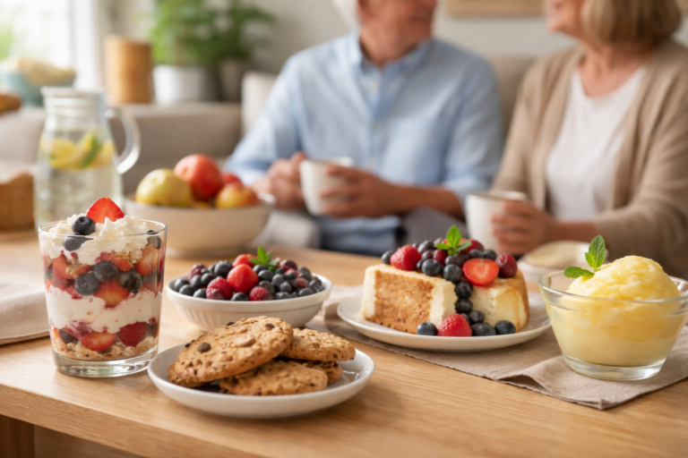 A glass of layered berry parfait beside a plate of oatmeal cookies on a wooden table