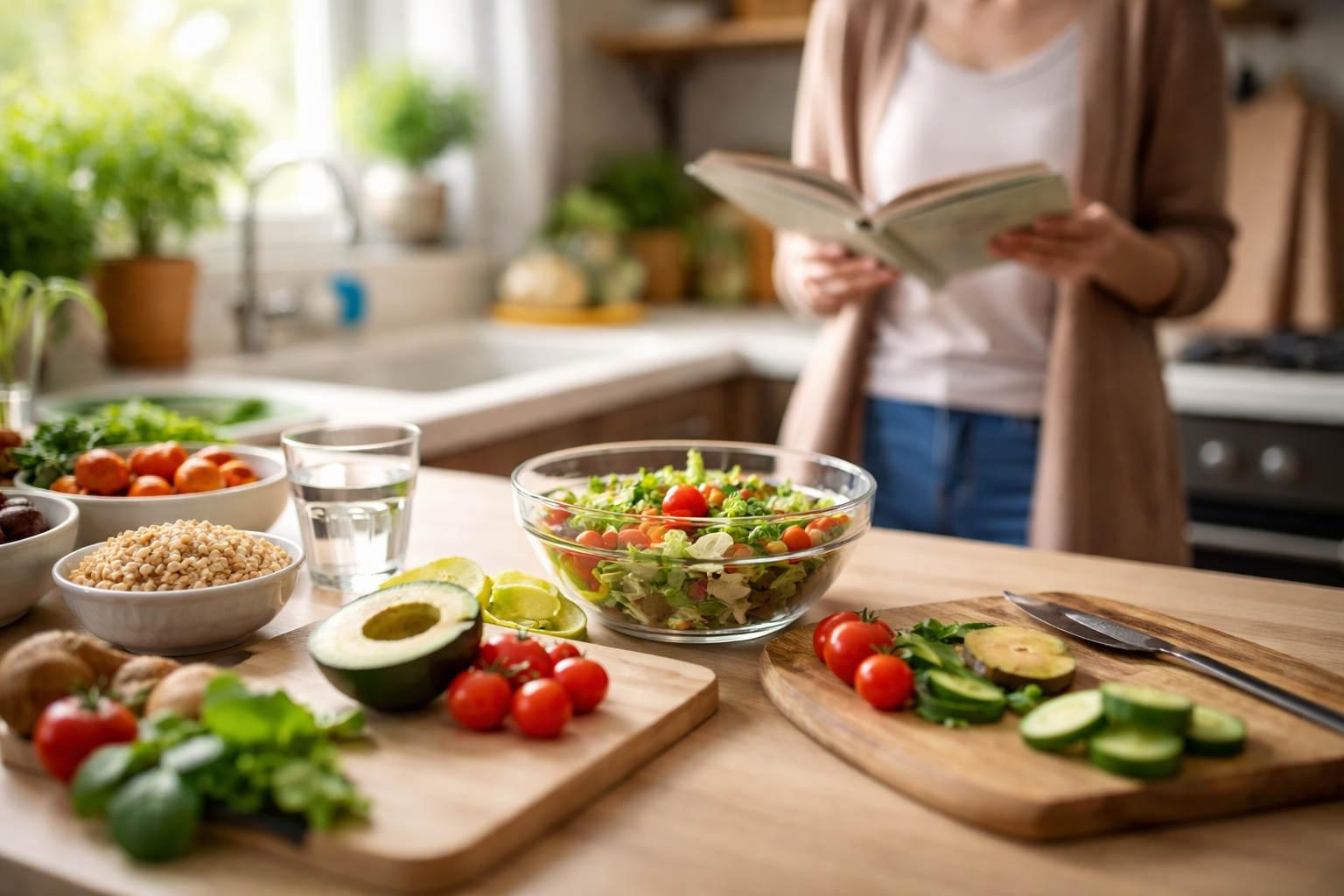 Bowl filled with chopped vegetables on a simple kitchen table