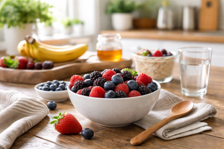 A white bowl filled with blueberries, raspberries, and blackberries on a wooden table with soft morning light