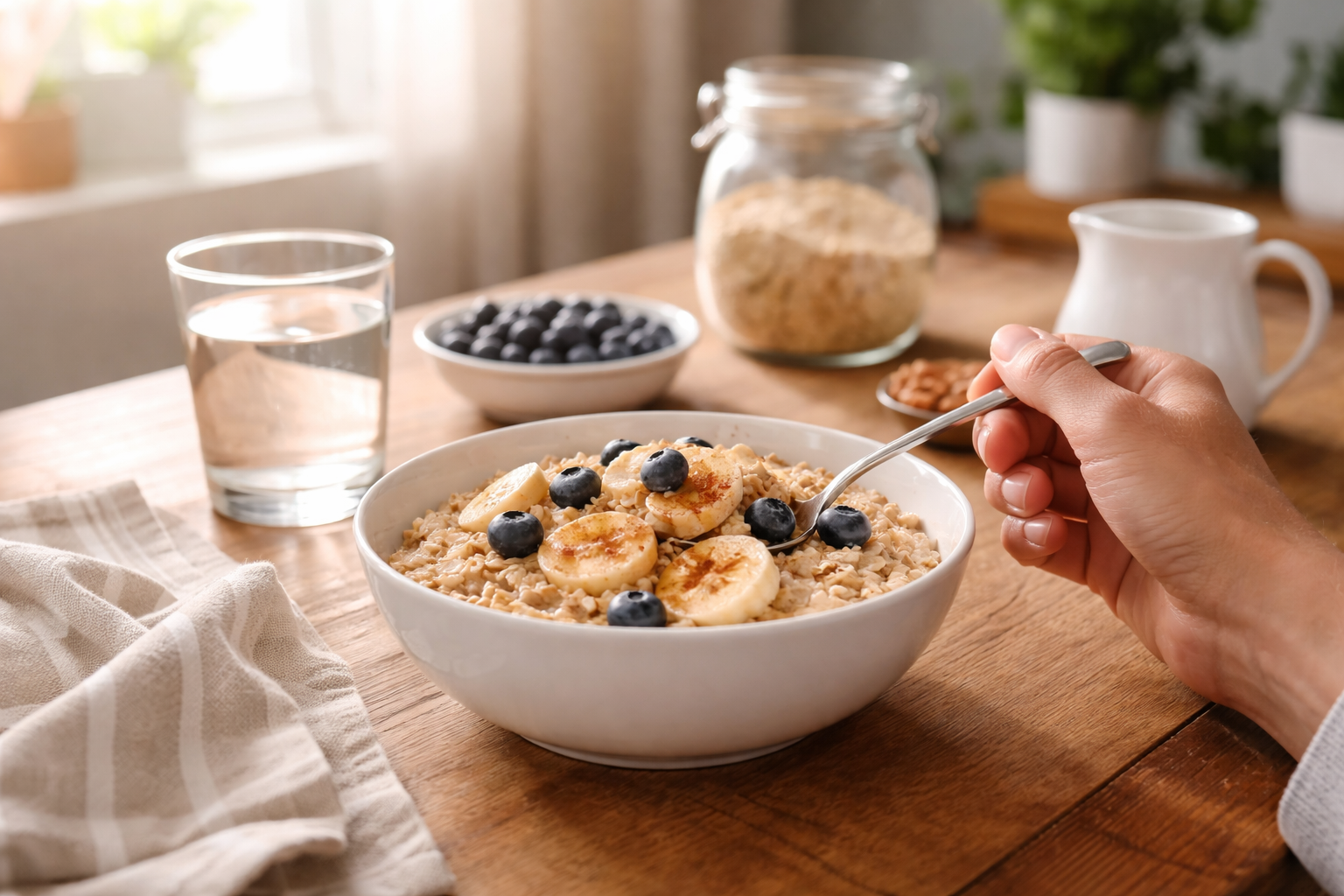 A white bowl of oatmeal topped with banana slices and blueberries on a wooden table
