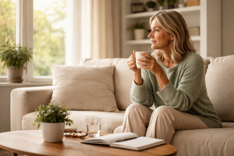 woman sitting on a sofa holding a mug while looking out a bright window