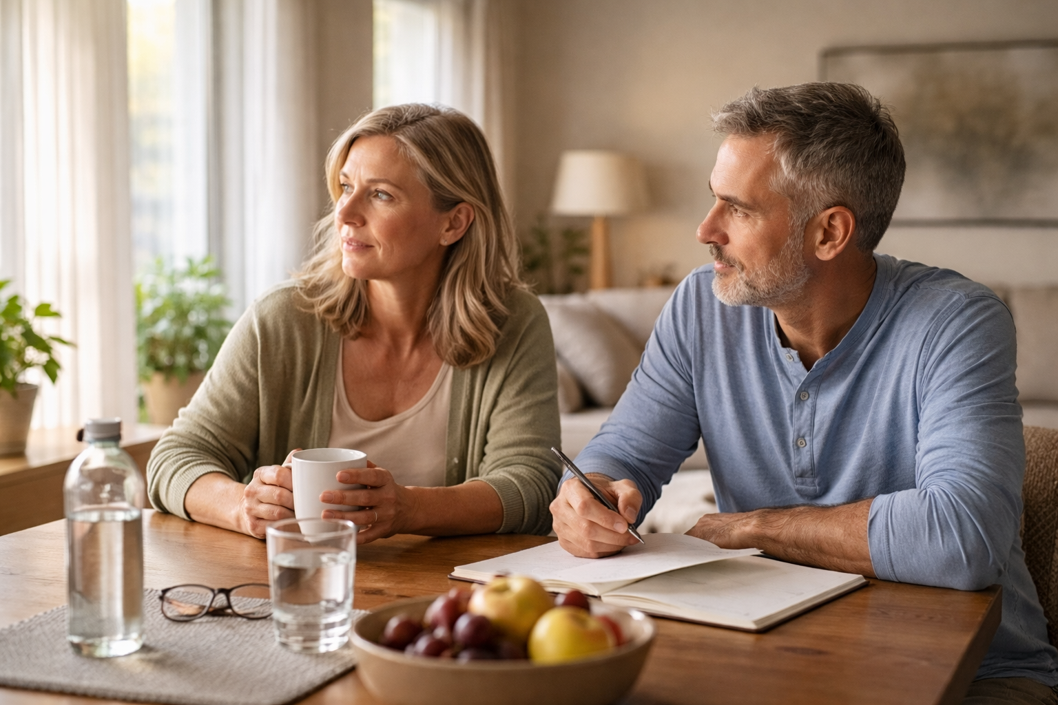 A couple sits at a wooden table with drinks, looking out toward a bright window