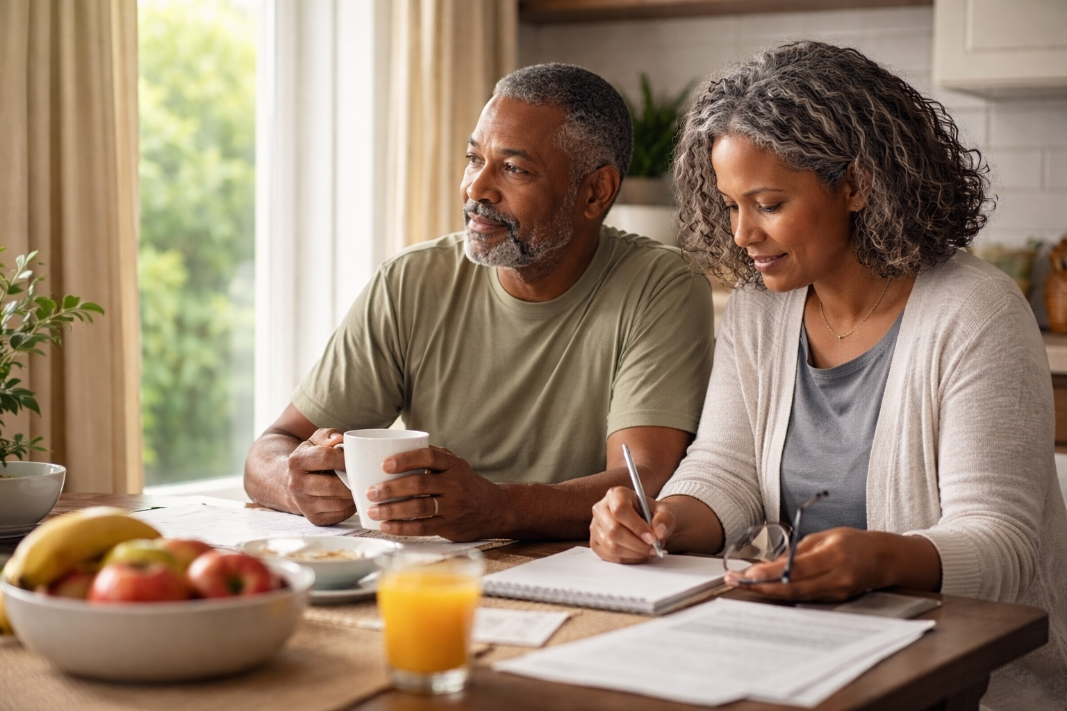 An adult sitting quietly at home near a window with natural light and a warm drink