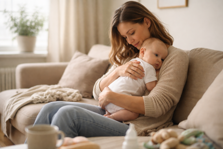 Someone resting on a couch with a blanket nearby in a calm afternoon setting