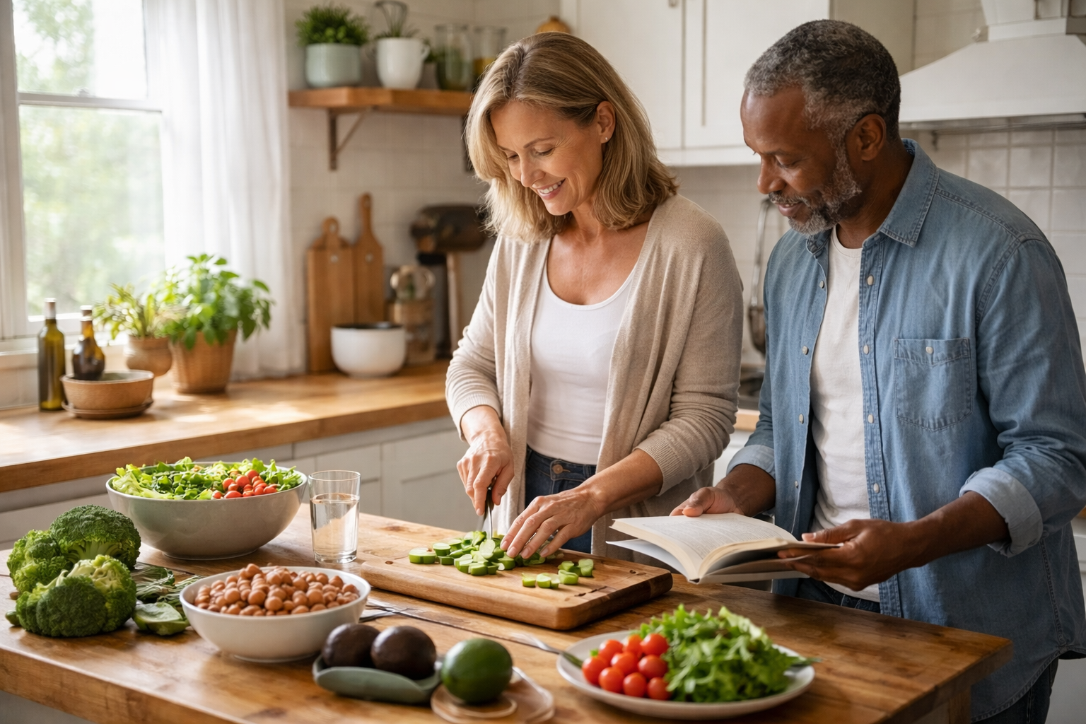 A woman slicing cucumbers on a cutting board while a man reads from a book beside her