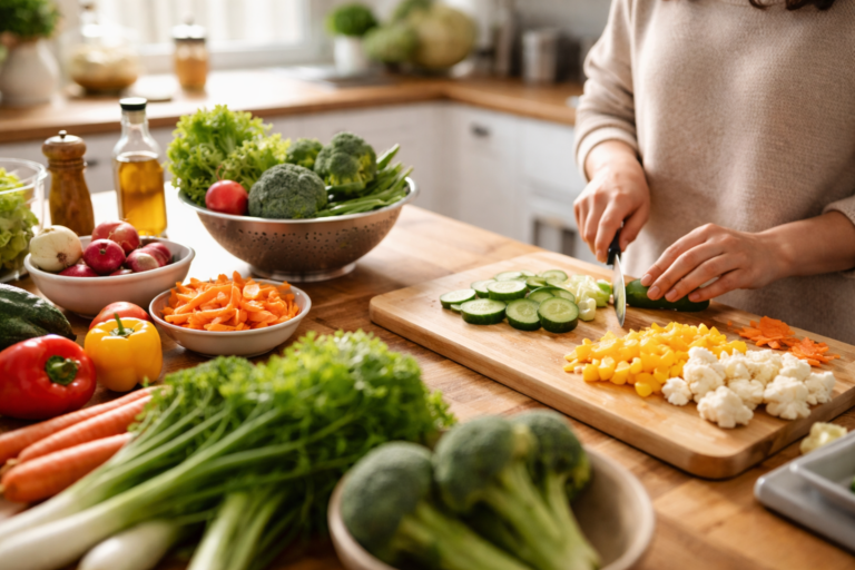 A person slicing cucumber on a wooden board surrounded by fresh vegetables in a bright kitchen