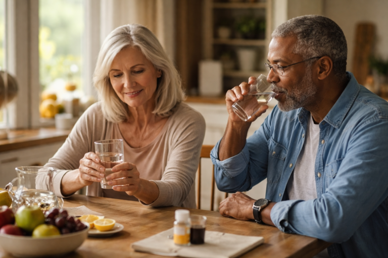 An older couple sitting at a wooden kitchen table, each holding a glass of water in a softly lit room