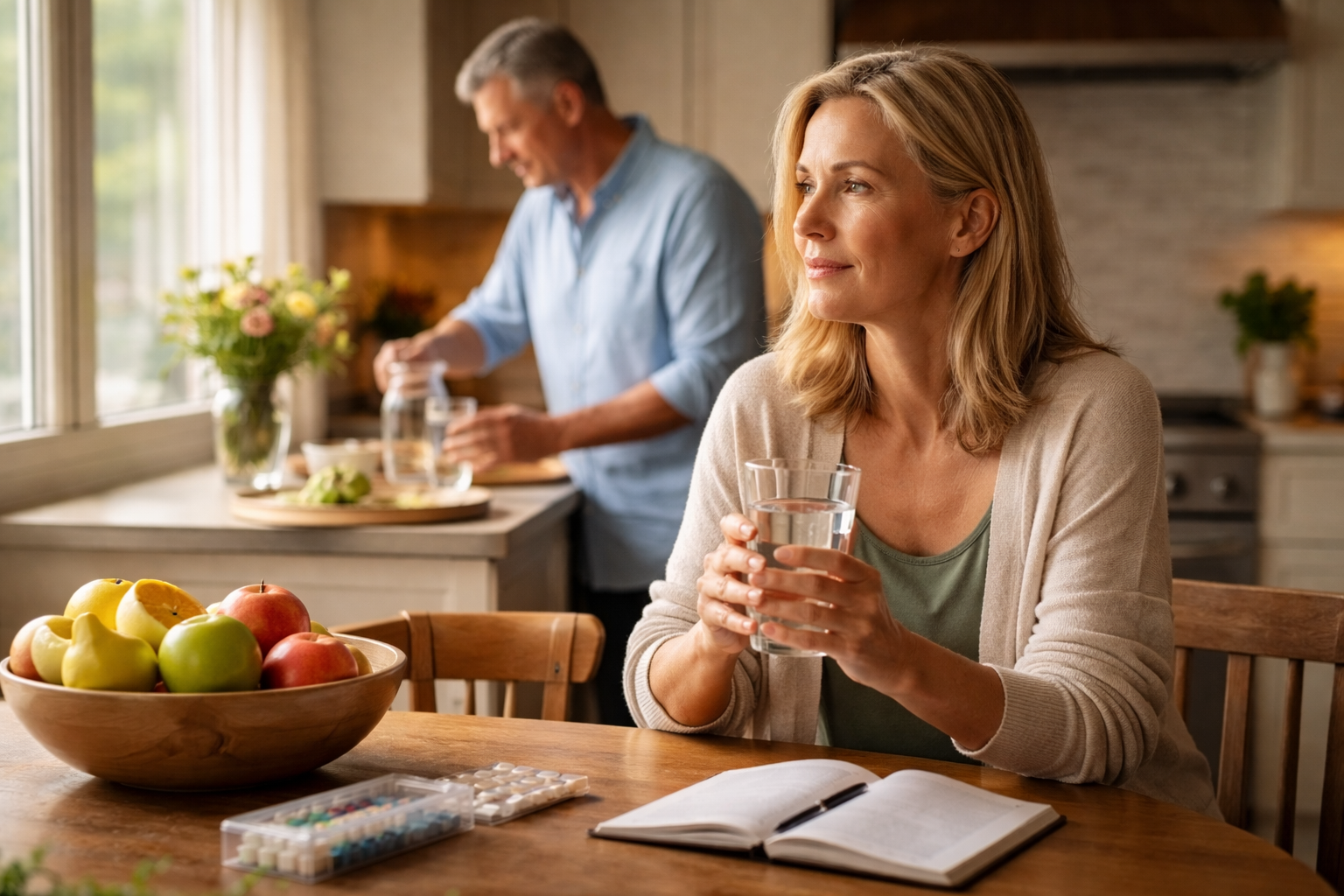 A woman sits at a wooden table holding a glass of water while a man pours water in the background