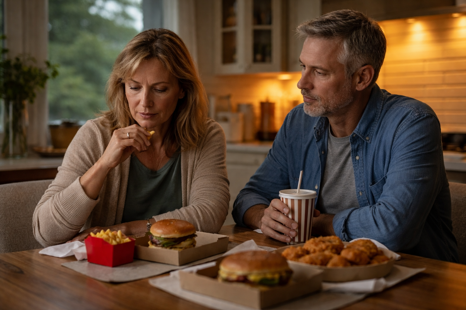 A man and woman sitting at a kitchen table looking thoughtfully at burgers, fries, and fried food