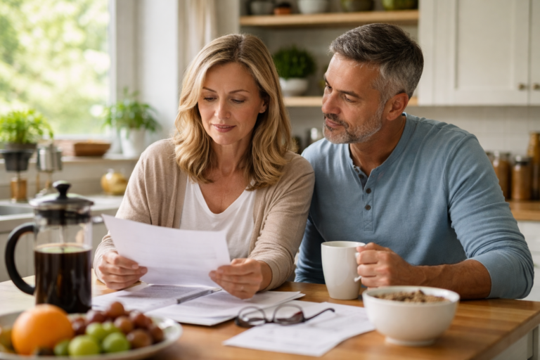 A couple sits at a kitchen table looking at a sheet of paper together