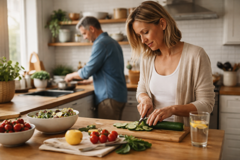 A woman slices cucumbers on a wooden board while a man cooks at the stove in a bright kitchen