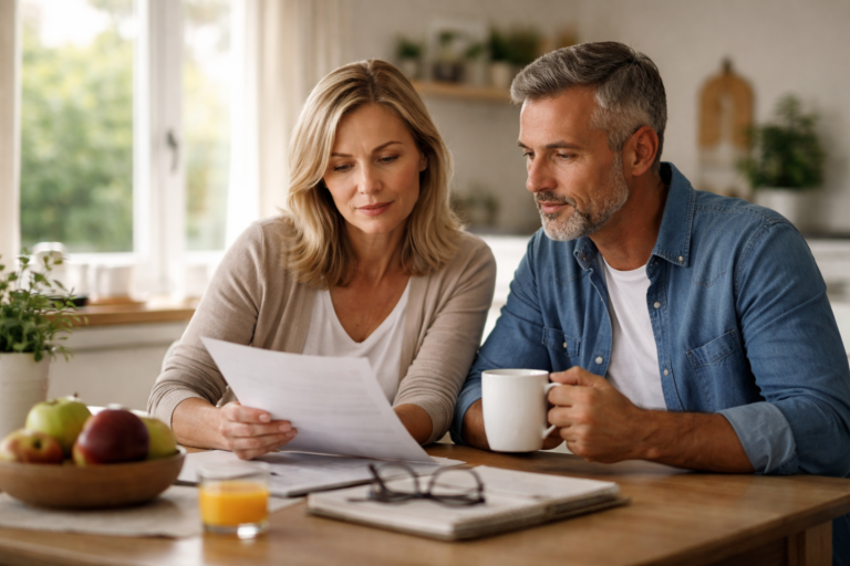 A couple sits at a kitchen table looking closely at a sheet of paper together