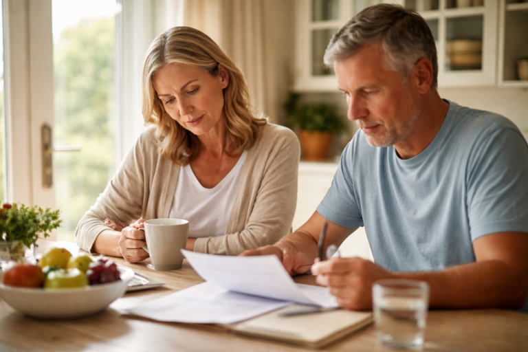 A man and woman sit at a wooden table looking over papers together with a cup of coffee nearby