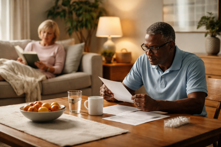 A man sits at a wooden table reading a paper while a woman relaxes on a couch with a book in a softly lit living room
