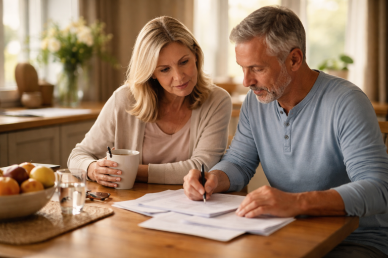 A couple sits at a wooden kitchen table looking over papers together in soft afternoon light