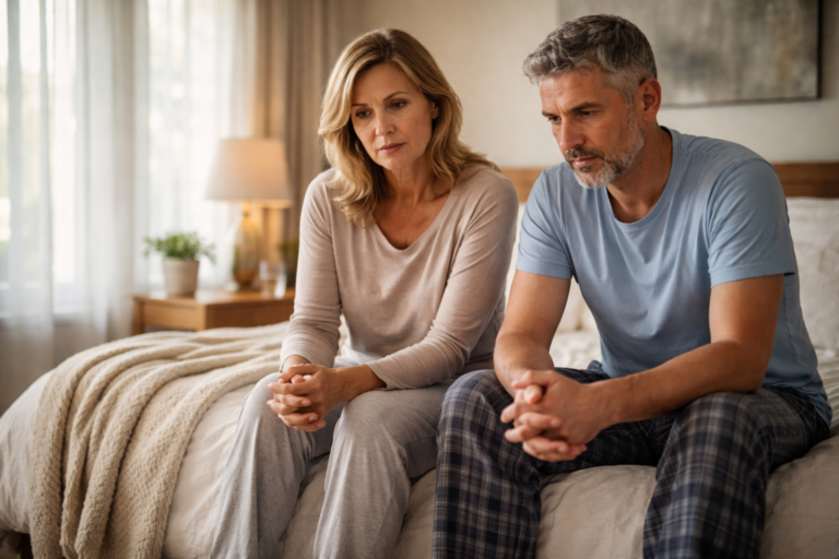 A couple sitting separately in a dimly lit room, both looking relaxed but distant