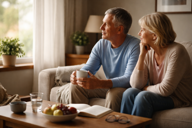 An older couple sits on a couch holding mugs while looking out a bright window