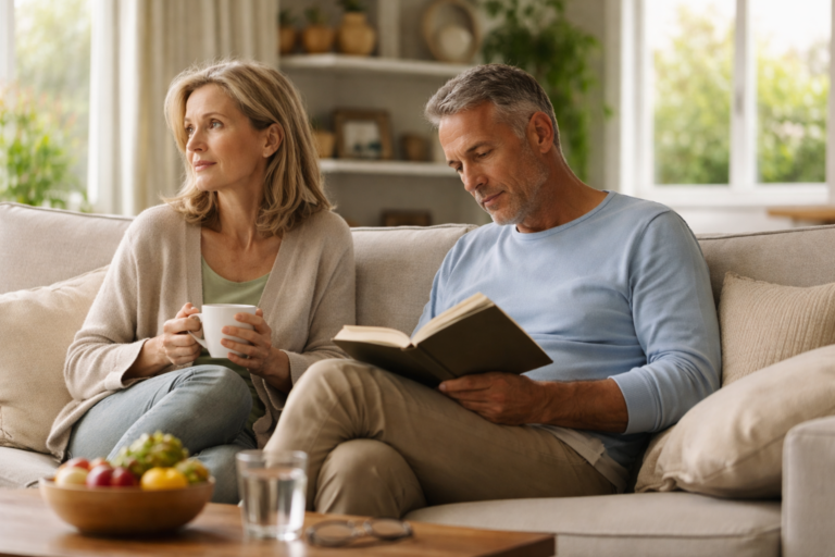 A middle-aged couple sitting on a light-colored sofa, one reading a book while the other holds a mug