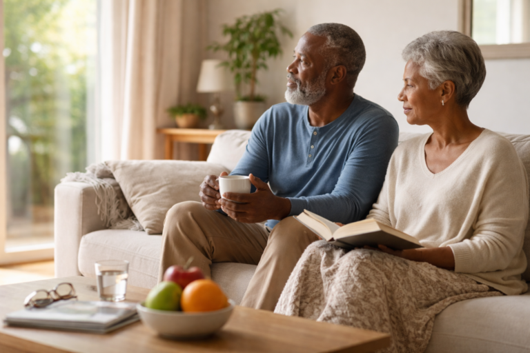 An older couple sits on a light-colored sofa, softly lit by sunlight coming through a nearby window