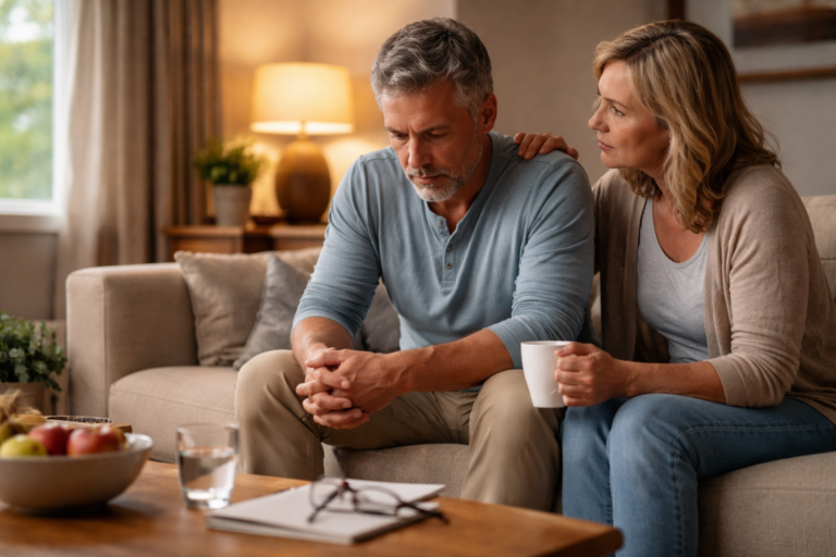 A man sits leaning forward on a sofa while a woman rests a hand on his shoulder beside him