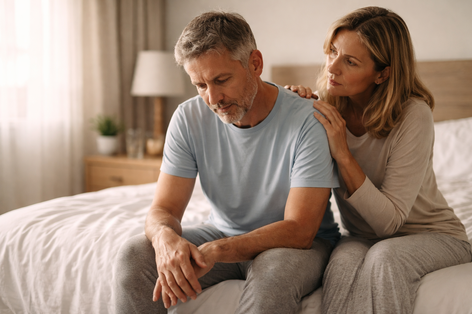 A man and woman sitting on a sofa in a softly lit living room, both looking away in silence