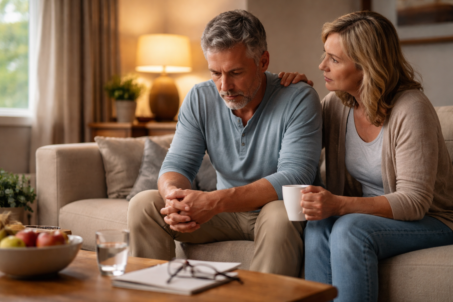 A man sits leaning forward on a sofa while a woman rests a hand on his shoulder beside him