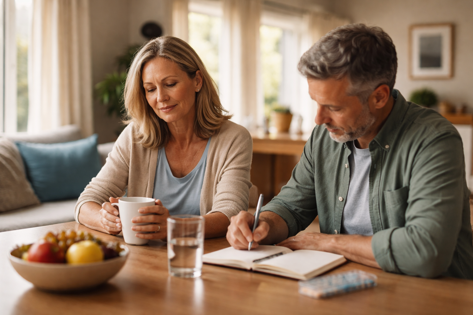 A man writes in a notebook while a woman holds a mug beside him at a wooden table