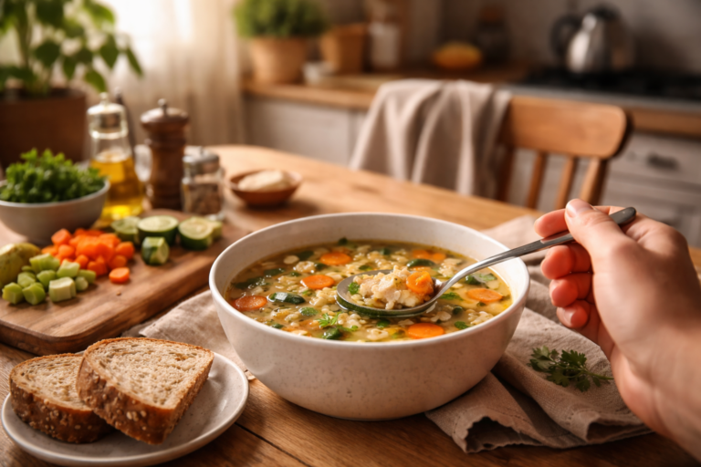 A warm bowl of vegetable soup on a wooden table with sliced bread and fresh ingredients nearby